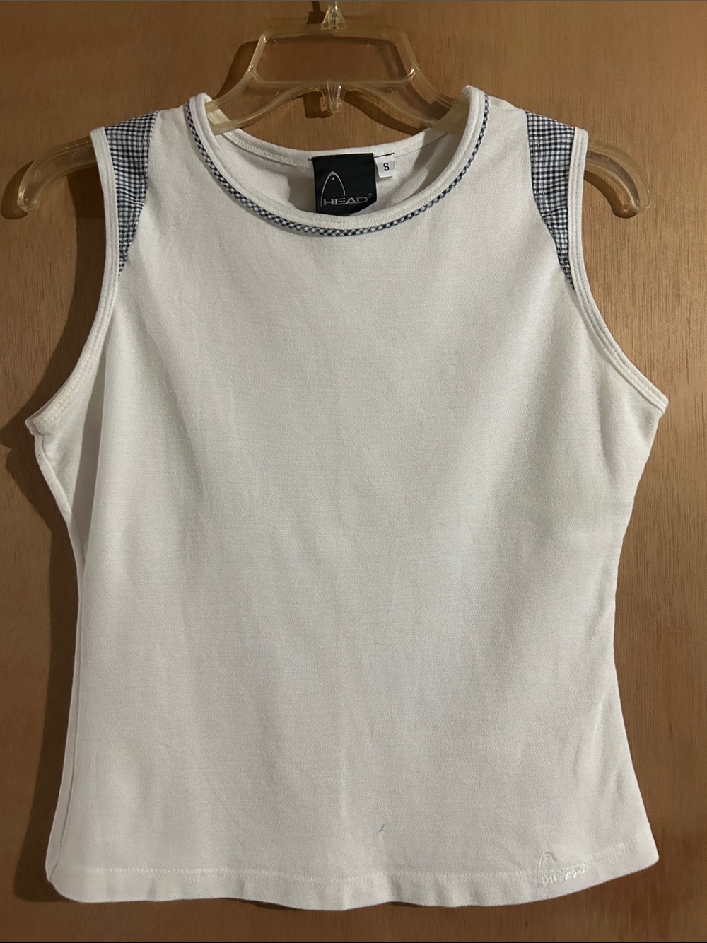 Head White Tank Top with Navy Gingham Shoulder Trim